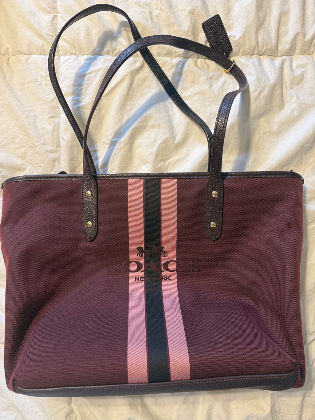 Coach Burgundy Tote With Pink And Black Center Stripes